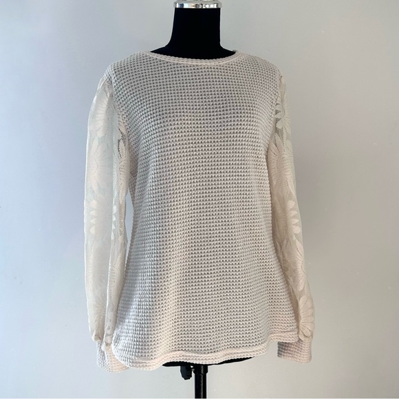 Boutique Sweaters - Cream Loose Knit Sweater w Lace Sleeves Crew Neck Sz L